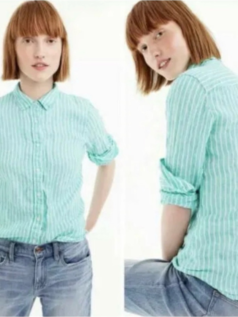 J. Crew Baird McNutt Mint Green and White Striped Irish Linen Shirt Sz 10